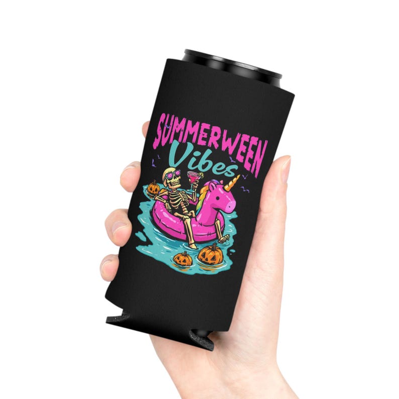 Summerween Vibes Can Cooler | Skeleton Floating on Unicorn Pool Float, Halloween Beach Theme image 6