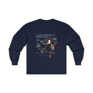 May include: Navy blue long-sleeve shirt with a graphic of a bowling ball and text about weight ratios. The text includes terms like "thrust", "weight", and "drag". The shirt design features arrows and measurements in ounces and mph.
