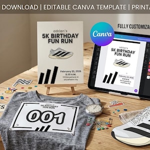 以下が含まれることがあります： 5K誕生日ファンランのプロモーション画像。ゼッケン、ランニングシューズのイラスト、カスタマイズ可能なCanvaテンプレートを表示するデジタルタブレットが特徴です。ストップウォッチ、ピン、印刷されたサイン付きの小さなイーゼルが含まれています。