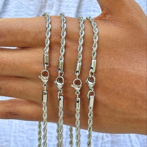 Stainless Steel Rope Chain Twist Necklace 3mm Rope Link Necklace, Gift for Her, Him, Women, Men, 18" 20" 22" 24" Tarnish Free, Waterproof