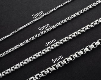Popcorn Chain Round Box Link Necklace Silver Stainless Steel 2mm 3mm 4mm 5mm Unisex Gift 14" 16" 18" 20" 22" 24" 28" Waterproof Tarnish-free