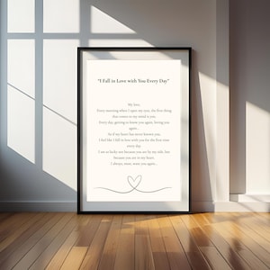 Póster imprimible con poema y carta de amor romántica: "Me enamoro de ti"; para hombres y mujeres; recuerdo de aniversario para él.