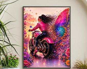 Väggkonst med fjärilsmotorcykel, rosa glamour sovrumsdekor, modemotiv (digital nedladdning)