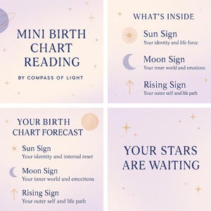 Mini lectura de carta natal / Astrología en PDF / Explicación del Sol y la Luna Ascendente / Personalizada / Descarga digital / Brújula de Luz