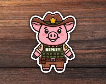Funny Sheriff Deputy Pig Vinyl Sticker: Cartoon Police Officer with Cowboy Hat & Tactical Vest