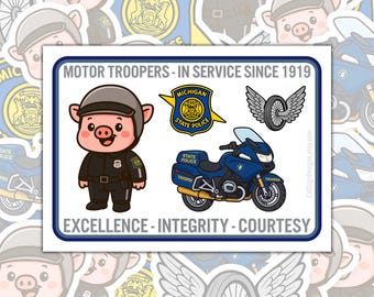 Michigan State Police Sticker Sheet: Motor Trooper Pig, Motorcycle
