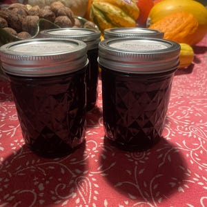Könnte beinhalten: Vier Gläser mit dunkelvioletter Flüssigkeit, wahrscheinlich Sirup, mit silbernen Deckeln. Die Gläser haben ein Rautenmuster und sind mit "Elderberry Syrup" beschriftet. Die Gläser stehen auf einer rot gemusterten Tischdecke, mit Kürbissen und Walnüssen im Hintergrund.