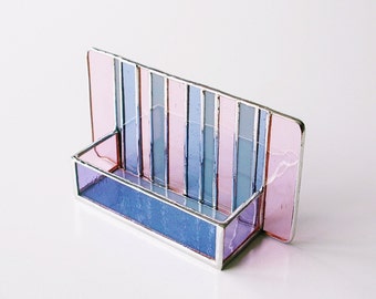 Contemporary Stained Glass Business Card Holder Pale Pink Periwinkle Purple Blue Gray Art Glass Modern Desk Accessory Handmade