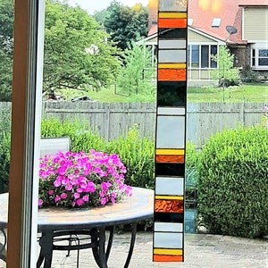 Stained Glass Modern Wall Art, Contemporary Art Glass Vertical Panel Orange Yellow White Black Gray