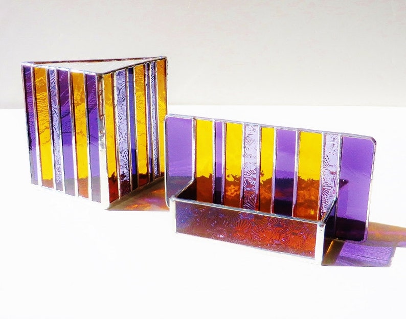 Interior Design Modern Stained Glass Desk Accessories Contemporary Business Card Holder Pen Cup Purple Amber Office Decor