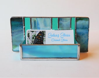 Stained Glass Business Card Holder Ocean Blue Teal Art Glass Office Decor Modern Desk Accessory Executive Boss Graduation Gift