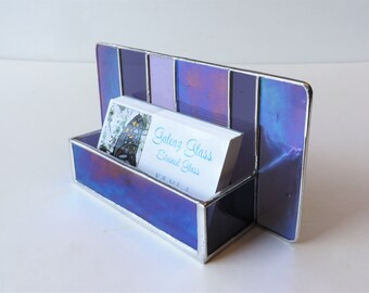 Stained Glass Business Card Holder Modern Desk Accessory Purple Iridescent Contemporary Office Decor