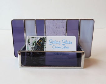 Stained Glass Business Card Holder Modern Desk Accessory Purple Lavender Contemporary Office Decor