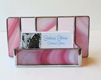 Stained Glass Business Card Holder Modern Desk Accessory Pink White Contemporary Office Decor