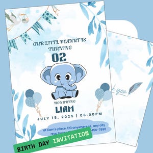 Jungen-Geburtstagseinladung - Blaues Baby-Elefant-Thema, bearbeitbare Vorlage, Sofort-Download, Party-E-Karte