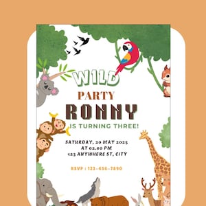 Invitation d'anniversaire de la jungle sauvage | Invitation à une fête safari | Modèle de thème animalier modifiable | Téléchargement numérique | Carte imprimable 3e anniversaire