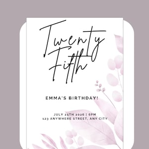 Invitación de cumpleaños para niña / Elegante invitación floral rosa / Tarjeta de cumpleaños moderna para adultos / Descarga digital editable / Plantilla Canva