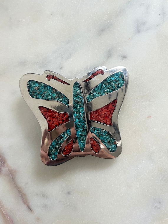 Vintage butterfly turquoise silver belt buckle