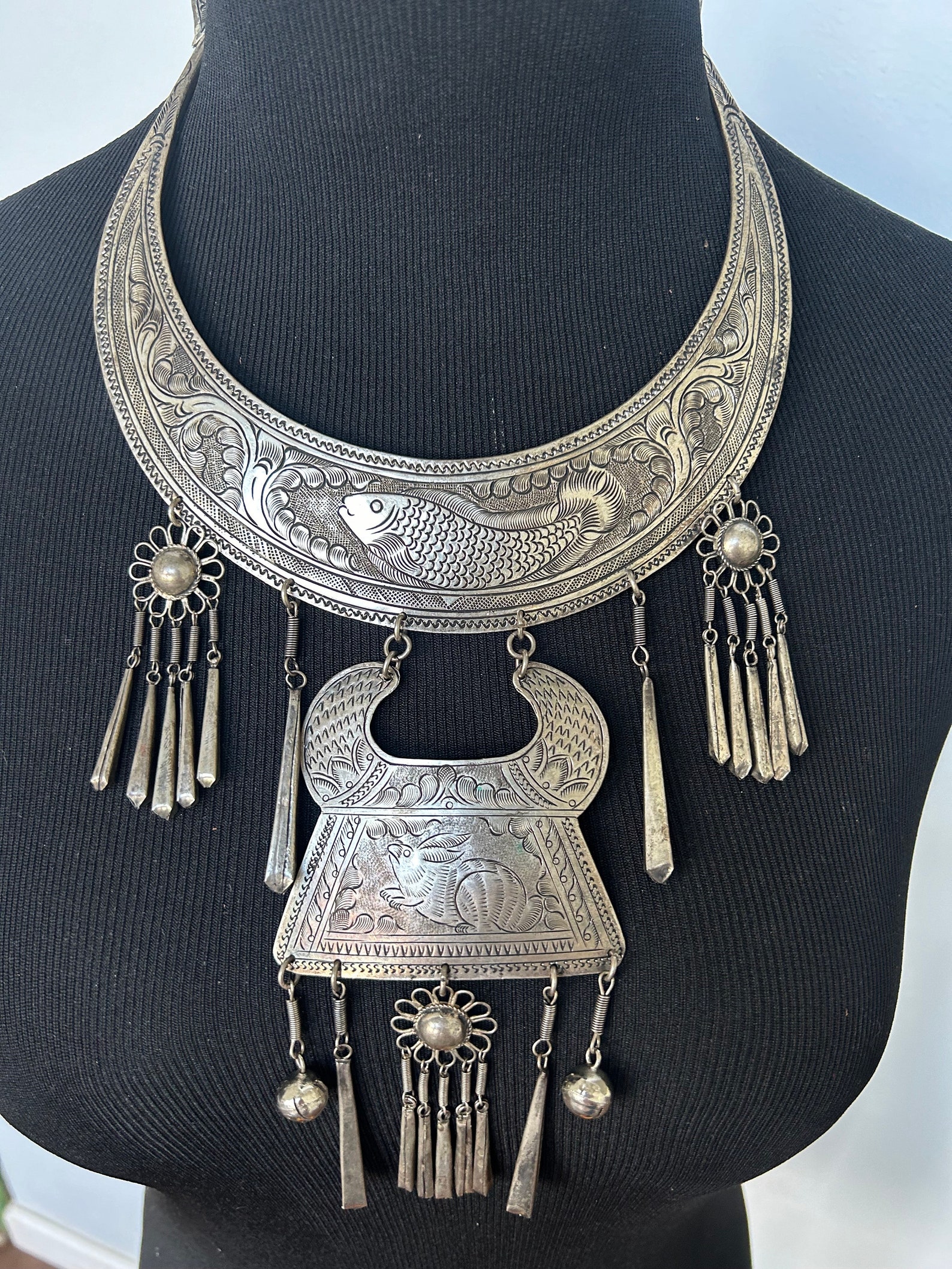 Vintage 70's Fish & Rabbit Tribal Bib Etched Silver Necklace Hmong Maio ...