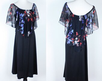 Vestido preto vintage anos 70 Sheer FLORAL com capa