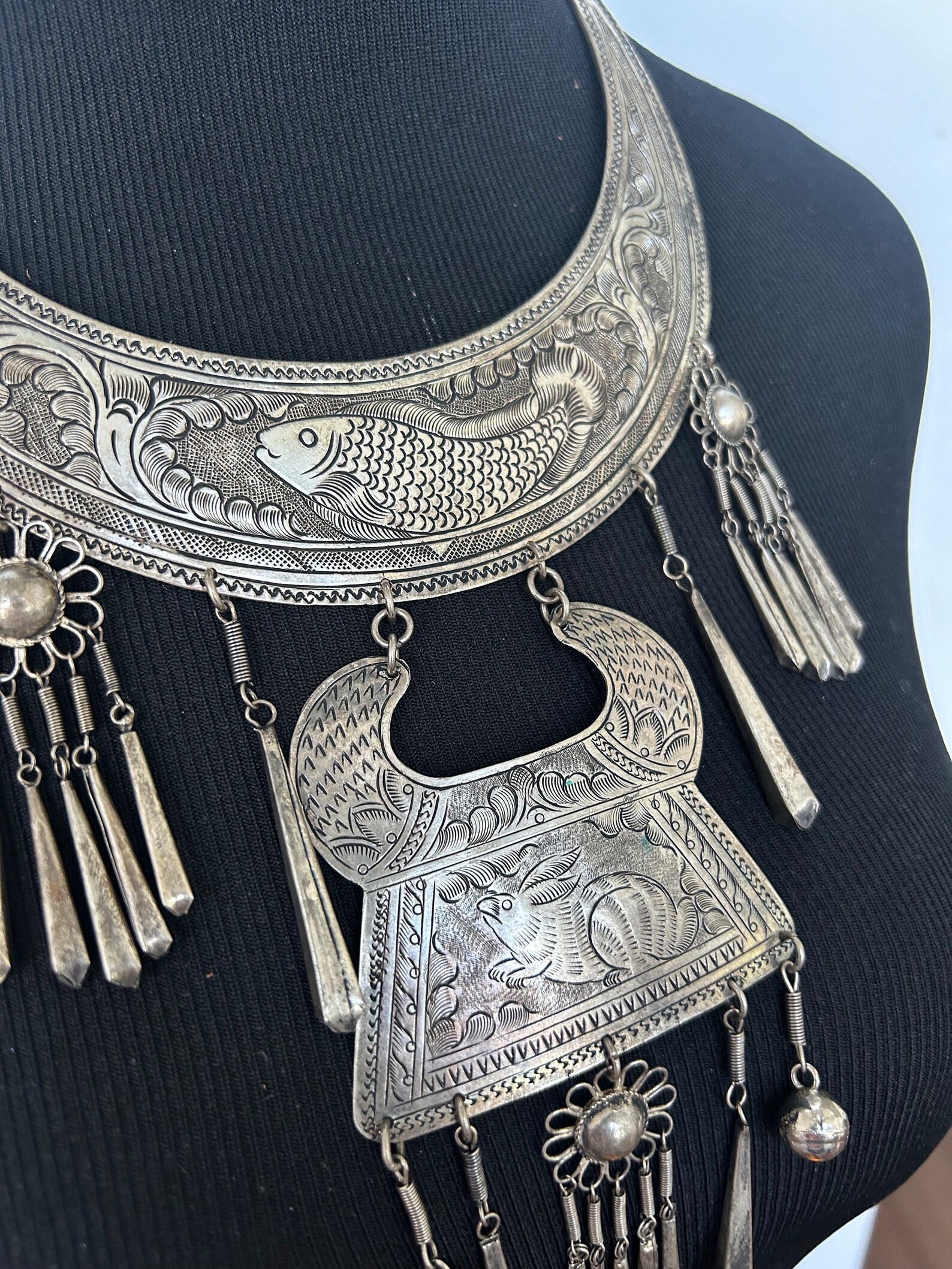 Vintage 70's Fish & Rabbit Tribal Bib Etched Silver Necklace Hmong Maio ...