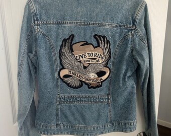 Veste vintage en jean Harley Davidson pour femmes avec aigle brodé, taille S
