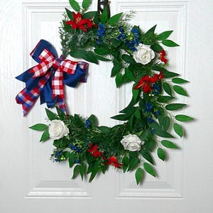 Patriotic Red White Blue Wreath – 4th of July Front Door Decor – Faux Floral Wreath with Gingham Bow