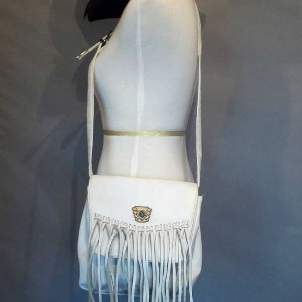 Vintage BOHO White FRINGED Bag with Metal Buckle Detail.