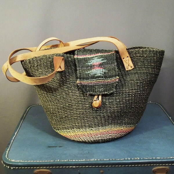 Vintage Woven JUTE and Leather MARKET Bag with FLAP.