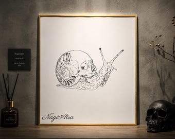 Japanese Shikishi Board Art Print, Dark Fantasy Skull Snail, Macabre Gothic Wall Decor, Tattoo Style Artwork, Unique Gift for Dark Art Lover