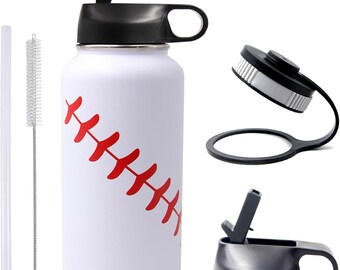 Botella de agua de béisbol de 32 oz, botella deportiva de boca ancha, vaso de viaje de metal con 2 tapas, acero inoxidable, doble pared, aislamiento al vacío, termo.