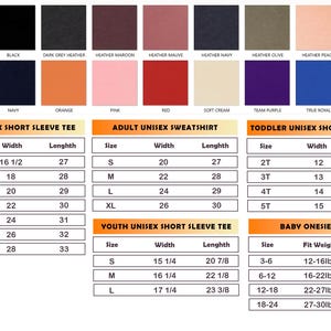 Puede incluir: Una tabla de tallas para varias prendas, incluyendo camisetas de manga corta unisex para adultos, sudaderas, camisetas de manga corta para ni&ntilde;os peque&ntilde;os, camisetas de manga corta para j&oacute;venes y bodies para beb&eacute;s. Muestra tallas, anchos, largos y pesos.