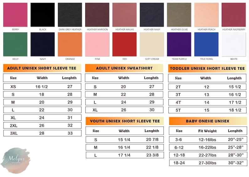 Puede incluir: Una tabla de tallas para varias prendas, incluyendo camisetas de manga corta unisex para adultos, sudaderas, camisetas de manga corta para ni&ntilde;os peque&ntilde;os, camisetas de manga corta para j&oacute;venes y bodies para beb&eacute;s. Muestra tallas, anchos, largos y pesos.