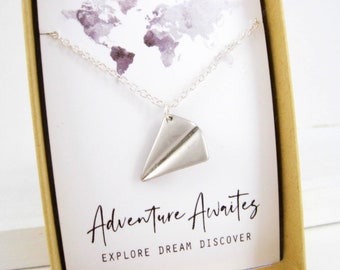 Adventure Awaits, Silver Airplane Necklace, Graduation Gift, Origami Paper Plane Necklace, Travel Necklace, Going Away Gift