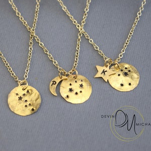 Personalized Zodiac Jewelry, Gold Constellation Necklace, Celestial Jewelry, Astrology Necklace, Stamped Disc Necklace image 1
