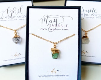 Raw Gemstone Necklace, Emerald Necklace, Dainty Birthstone Necklace, Moonstone Necklace, Herkimer Diamond Necklace, April May June Birthday