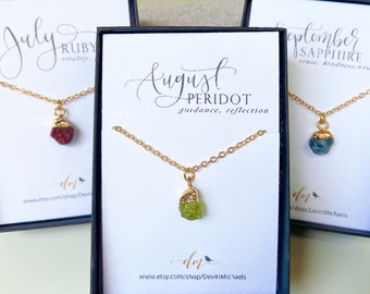 Raw Gemstone Necklace, Ruby Necklace, Dainty Birthstone Necklace, Peridot Necklace, Sapphire Necklace, July August September Birthday Gifts