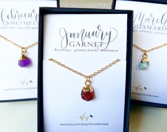 Raw Gemstone Necklace, Garnet Necklace, Dainty Birthstone Necklace, Aquamarine Necklace, Amethyst Necklace, January February March Birthday