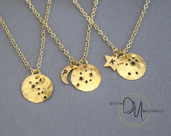 Personalized Zodiac Jewelry, Gold Constellation Necklace, Celestial Jewelry, Astrology Necklace, Stamped Disc Necklace