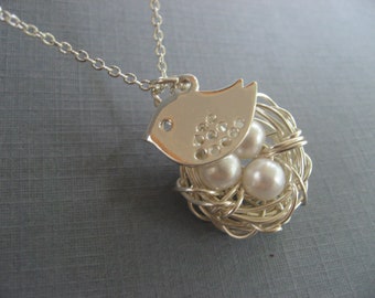 Mothers Day Pendant, Mama Bird Necklace, Silver Bird Nest Pendant, Gift for Mom