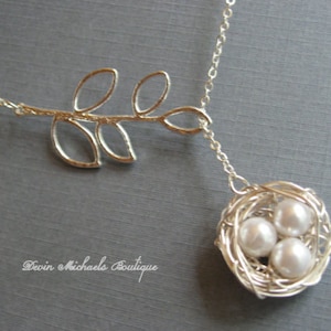 Mothers Day Necklace, Silver Bird Nest Necklace, Silver Lariat Branch Necklace, Mothers Gift, Baby Birds Necklace, Mothers Necklace image 1