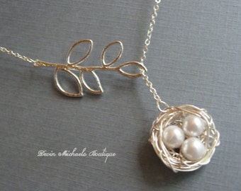 Mothers Day Necklace, Silver Bird Nest Necklace, Silver Lariat Branch Necklace, Mothers Gift, Baby Birds Necklace, Mothers Necklace
