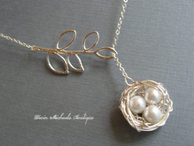 Mothers Day Necklace, Silver Bird Nest Necklace, Silver Lariat Branch Necklace, Mothers Gift, Baby Birds Necklace, Mothers Necklace image 1