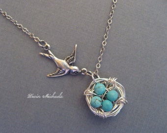 Silver Bird Nest Necklace with Turquoise Eggs, Mothers Day Gift, Turquoise Necklace