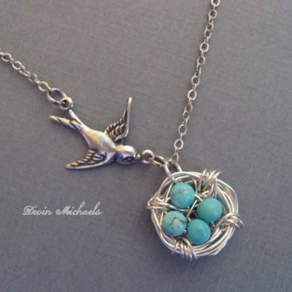 Silver Bird Nest Necklace with Turquoise Eggs, Mothers Day Gift, Turquoise Necklace