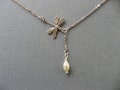 Dainty Dragonfly Necklace, Silver Dragonfly and Pearl Lariat Necklace,