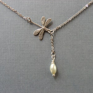 Dainty Dragonfly Necklace, Silver Dragonfly and Pearl Lariat Necklace,