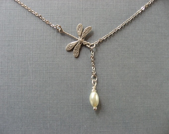 Dainty Dragonfly Necklace, Silver Dragonfly and Pearl Lariat Necklace,