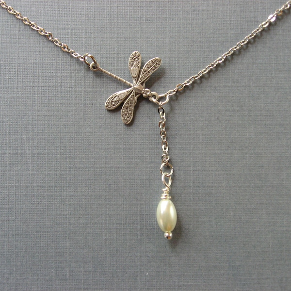 Dainty Dragonfly Necklace, Silver Dragonfly and Pearl Lariat Necklace,