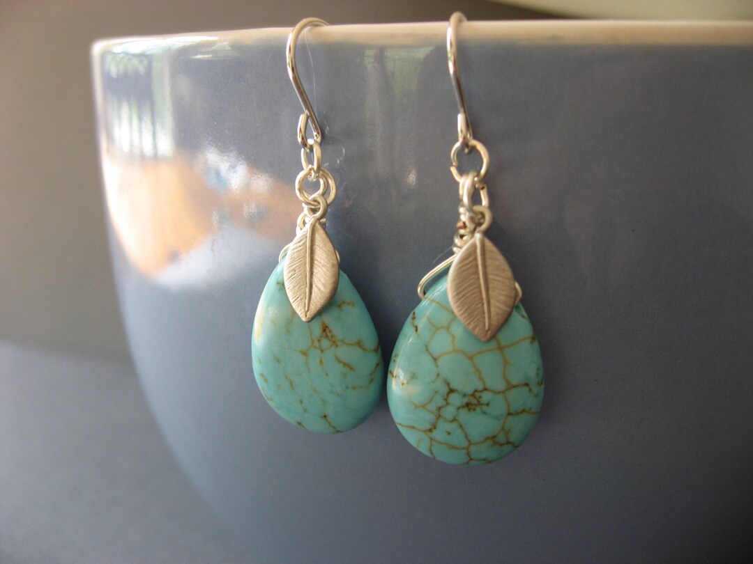 Turquoise Drop and Leaf Dangle Earrings, Everyday Casual - Etsy